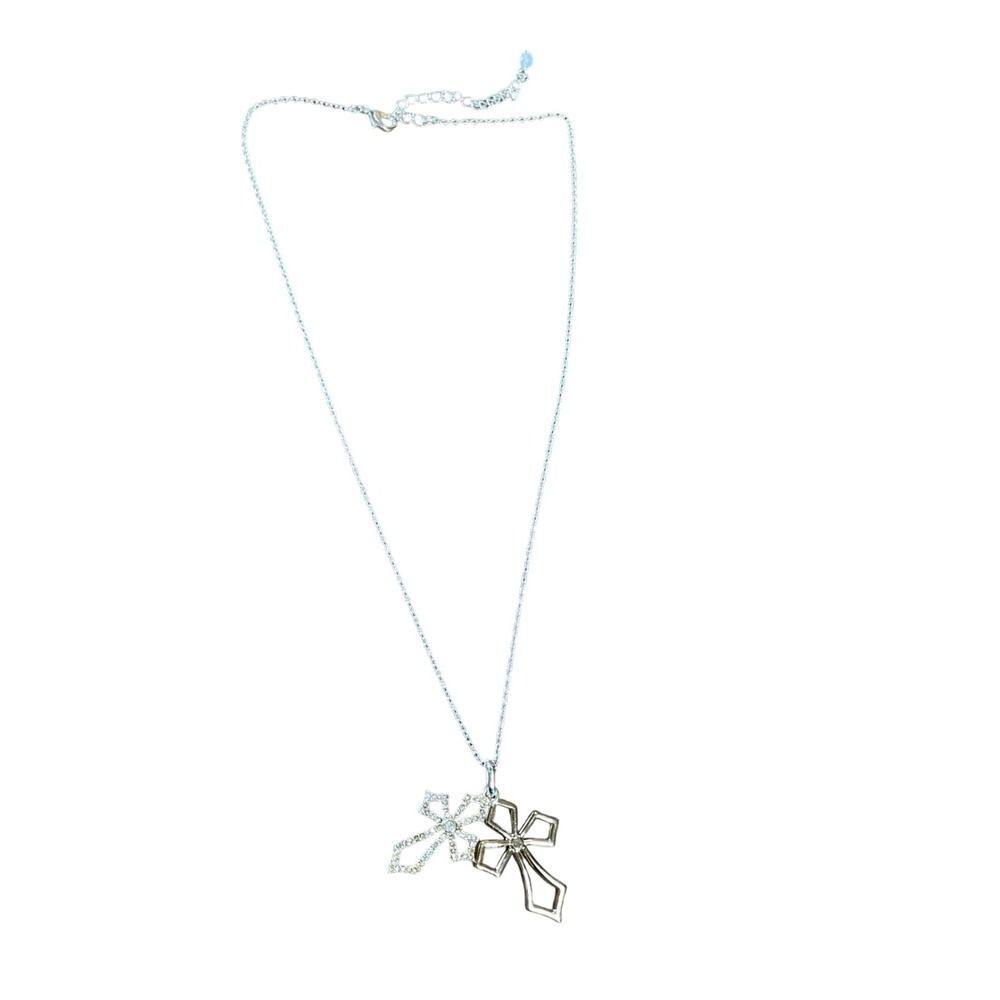 Double Cross Pendant Necklace Silver Tone Fashion Jewelry‎ Women